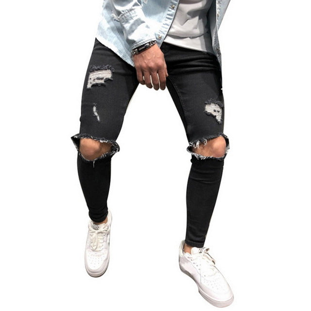 Mens Ripped Jeans for men Casual Black Blue Skinny slim Fit Denim Pants Biker Hip Hop Jeans with sexy Holel Denim Pants