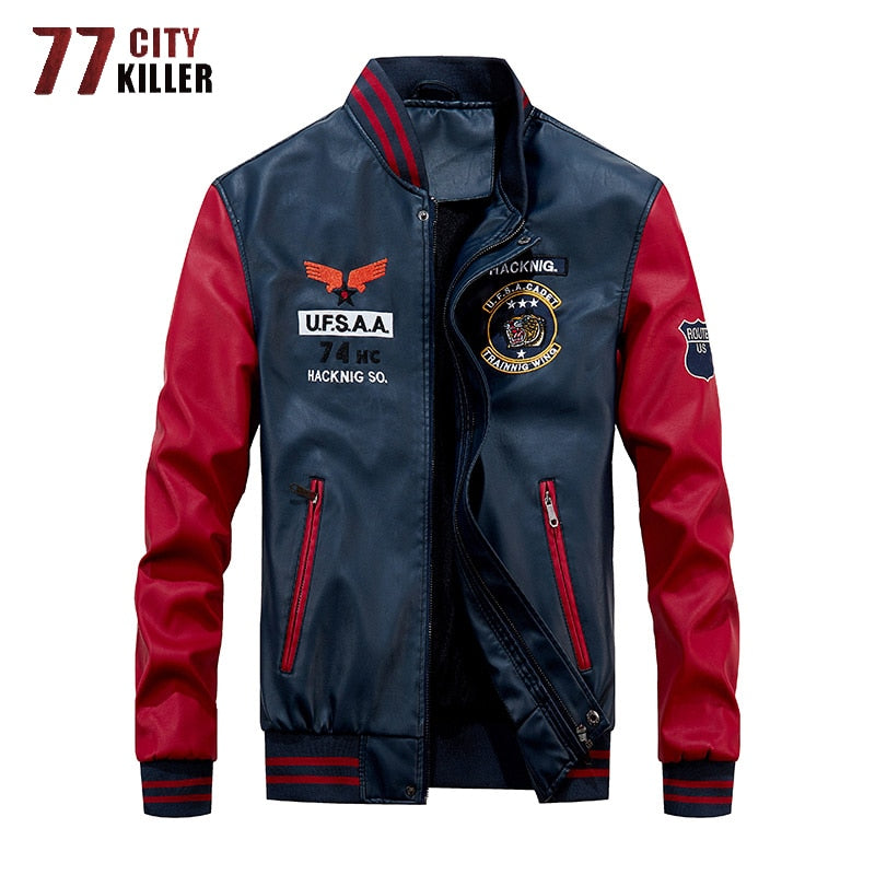 77City Killer 2019 New Leather Jacket Men Windbreaker Motorcycle Patchwork Baseball Jackets Male Fleece Warm Faux Leather Jacket