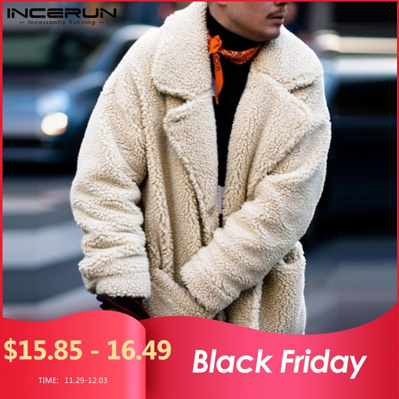 INCERUN Fashion Faux Fleece Men Coats Solid Outerwear Plush Pockets 2019 Long Sleeve Fluffy Overcoat Streetwear Men Jackets 5XL